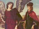 Św. Rafał Archanioł prowadzi młodzieńca. Obraz nawiązuje do litanii do św. Rafała Archanioła, patrona podróżnych i uzdrowicieli.