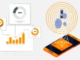 Data charts and graphs illustrate network optimization in telecom, showing signal strength from a tower to a smartphone.