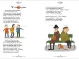 Ilustracja do wiersza "Wysssane z palca". Dzieci śmieją się z pana, który ssie palec. Na drugiej stronie pan Wincenty i pan Brzechwa siedzą na ławce z kotem.