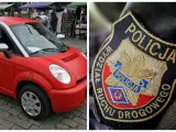 Czerwony pojazd, który może być prowadzony bez prawa jazdy, obok naszywki policji.