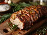 Un rôti de porc savoureux, tranché et garni d'herbes, prêt à être dégusté. Le temps de cuisson d'un rôti de porc est crucial pour sa tendreté.