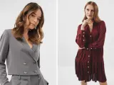 Elegancka szara marynarka i bordowa sukienka z plisowanym dołem – idealne stylizacje na randkę.