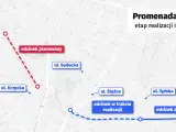 Mapa przedstawia etapy realizacji i plany Promenady Krzyckiej, z zaznaczonymi odcinkami planowanymi, w trakcie realizacji i zrealizowanymi.