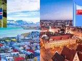 Islandia i Polska, dwa kraje, które często plasują się wysoko w rankingach bezpieczeństwa. Widok na kolorowe domy Reykjaviku i tętniący życiem rynek we Wrocławiu.