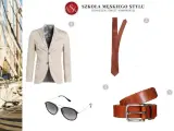Eleganckie stylizacje z białymi spodniami: beżowa marynarka, brązowy krawat, pasek i okulary tworzą letni look.