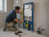 Instalator sprawdza pion przedścianki podtynkowej do WC.