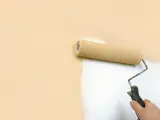 Rodillo pintando una pared de color melocotón con pintura blanca, buscando la mejor pintura antiruido para un hogar tranquilo.