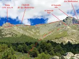 La imponente cumbre de La Maliciosa se alza majestuosa, con la Cuerda de las Buitreras y Peña Cota 1974 m marcando su recorrido.