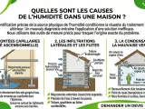 Illustration des causes d'humidité dans une maison : remontées capillaires du sol, infiltrations, et condensation.