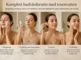 Kvinnor utför en hudvårdsrutin: rengöring, applicering av rosenvatten, serum och fuktkräm.