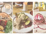 Leckeres vegan breakfast in Berlin: Croissant, Pancakes und ein süßer Kuchen mit Pflaumen.