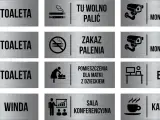 Zestaw oznaczeń toalet, wind, biura, kawiarni i innych pomieszczeń.
