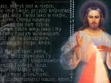 Koronka do Miłosierdzia Bożego: tekst modlitwy "Ojcze nasz" i "Zdrowaś Maryjo" z wizerunkiem Jezusa Miłosiernego.