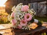 Delikatny bukiet ślubny eustoma i gipsówka, ozdobiony kroplami rosy, spoczywa na drewnianym stole. W tle słońce przebija się przez drzewa, oświetlając wiejską scenerię.