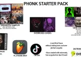 Obrazek przedstawia "Phonk Starter Pack" z elementami takimi jak kasety, okładki płyt, grafiki, maski, samochody i logo FL Studio, sugerując typowe elementy dla **phonk songs**.