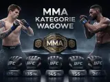 Dwóch zawodników MMA w pozycji bojowej, pas mistrzowski UFC i rękawice z wagami kategorii: waga musza UFC i inne.