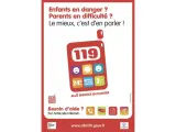 Affiche pour signaler enfant en danger. Le numéro 119 est mis en avant, avec des icônes pour le contact et l'aide.