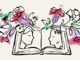 Ilustracja przedstawia otwartą książkę, z której wyrastają kwiaty. Po bokach książki widnieją profile dwóch osób.