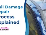 Close-up of a blue car with significant hail damage on the roofline, showing multiple dents. Text reads "Hail Damage Repair Process Explained.