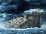 Noah's Ark, laden with animals like elephants and giraffes, braves a torrential downpour. The image evokes the long wait, wondering how long was Noah in the ark during the great flood.