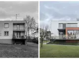 Przed i po: metamorfoza elewacji domu z lat 70-tych. Nowoczesna bryła z przeszklonymi tarasami i ceglanym akcentem zastępuje starą architekturę.