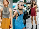 Trzy kobiety w stylizacjach inspirowanych modą lat 90.: w sztruksowej spódniczce, ogrodniczkach i satynowej sukience.