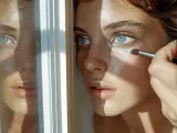 Une main applique un fard lumineux sous l'œil d'une jeune femme aux yeux bleus, pour faire un contouring subtil.
