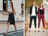 Eleganckie stylizacje dla kobiet: jak się ubrać na imprezę firmową. Spódnica ołówkowa i garnitury w ciemnych kolorach.