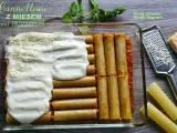 Cannelloni z mięsem mielonym i sosem beszamelowym w naczyniu żaroodpornym, gotowe do pieczenia. Obok tarka i kawałek parmezanu.
