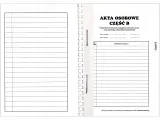 Otwarta teczka z dokumentami, po lewej puste rubryki, po prawej "Akta osobowe część B" z polami na dane pracownika i opis akt.