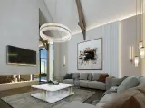 Modern living room with a fireplace, large TV, and abstract art. This space embodies smart home living with seamless iot automation.