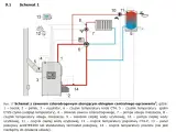Schemat instalacji centralnego ogrzewania z kotłem na pellet. Widoczny montaż pieca, zasobnika CWU i elementów sterujących.