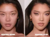 Vorher/Nachher-Vergleich: Natürliches Gesicht verwandelt sich in ein glamouröses 90er Make-up mit Smokey Eyes und matten Lippen.