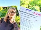 Uśmiechnięta dziewczyna w okularach na tle zieleni, obok fragment testu z napisem "delf B2".