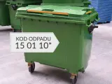 Zielony kontener na odpady z oznaczeniem KOD ODPADU 15 01 10*.