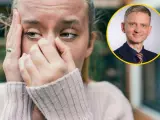 Zmartwiona kobieta z dłońmi na twarzy, jakby walczyła z amnezją. Obok niej uśmiechnięty mężczyzna w garniturze.