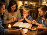 A family gathers for a meaningful family bible study, holding hands around an open Bible, with a candle casting a warm glow.
