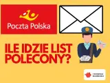 Grafika z logo Poczty Polskiej i pytaniem: "Ile idzie list z Polski do Holandii?". Widoczny listonosz z listami.