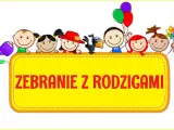 Radosne dzieci z balonami i konewką zapraszają na zebranie z rodzicami.