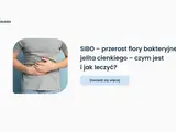 Mężczyzna trzyma się za brzuch, symbolizując problemy z jelitami. Tekst wyjaśnia, co to SIBO – przerost flory bakteryjnej jelita cienkiego.