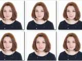Sześć identycznych zdjęć młodej kobiety z rudymi włosami. Dowiedz się, jak zrobić zdjęcie do dowodu telefonem, by uzyskać taki efekt.