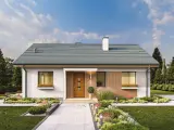 Nowoczesny bungalow z drewnianymi elementami i zadbanym ogrodem.