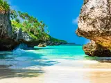 Rajska plaża z turkusową wodą i bujną zielenią. Idealne miejsce na wymarzone zanzibar wakacje.