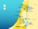 Mapa turystyczna przedstawiająca szlak przez miasta Izraela: Akka, Hajfa, Nazaret, Tyberiada, Jerozolima, Betlejem, Jaffa, Tel Awiw, Cezarea, Bet Shean, Jerycho, Massada.