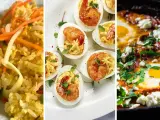 Drei Gerichte: gebratener Reis, gefüllte Eier mit Garnelen und Shakshuka. Tolle Eier Rezepte für jeden Anlass.