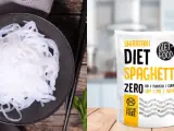 Makaron konjac na talerzu obok opakowania Shirataki Diet Spaghetti. Idealny wybór dla osób dbających o linię.