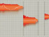 Pomarańczowe kształty z białymi liniami, przypominające zapis nutowy na piano roll, unoszą się nad szarą siatką.