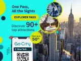 New York skyline with Empire State Building, phone showing Go City app, and circular images of attractions.
