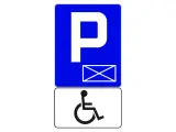 Niebieski znak "P" z kopertą i biały znak wózka inwalidzkiego. To parking dla niepełnosprawnych.