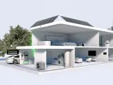 A modern smart home powered by solar energy, featuring an electric car charging, appliances, and a central control system, showcasing the internet of things in action.